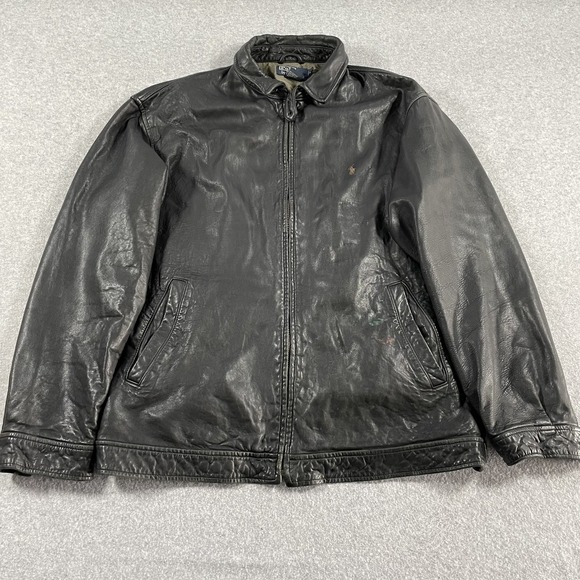 Polo Ralph Lauren Leather Jacket Mens Large Black Zip Up Pony Logo Classic Coat - Picture 1 of 12